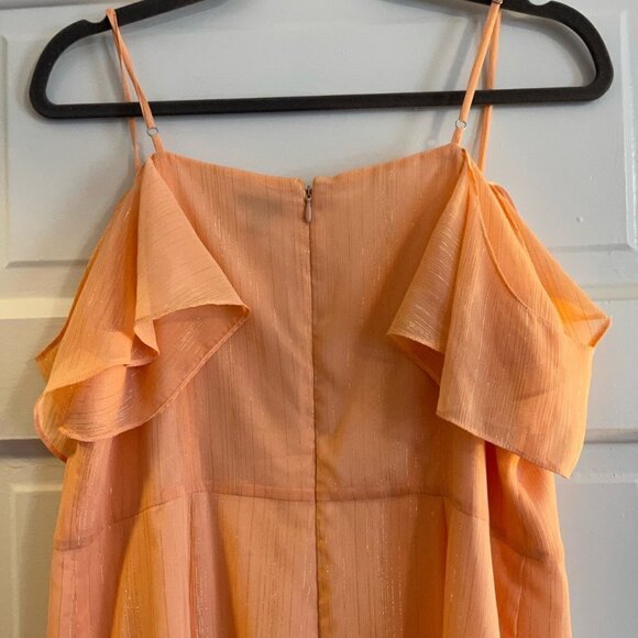 Halston peach gold metallic cold shoulder midi Georgette formal dress 12 - Picture 8 of 14